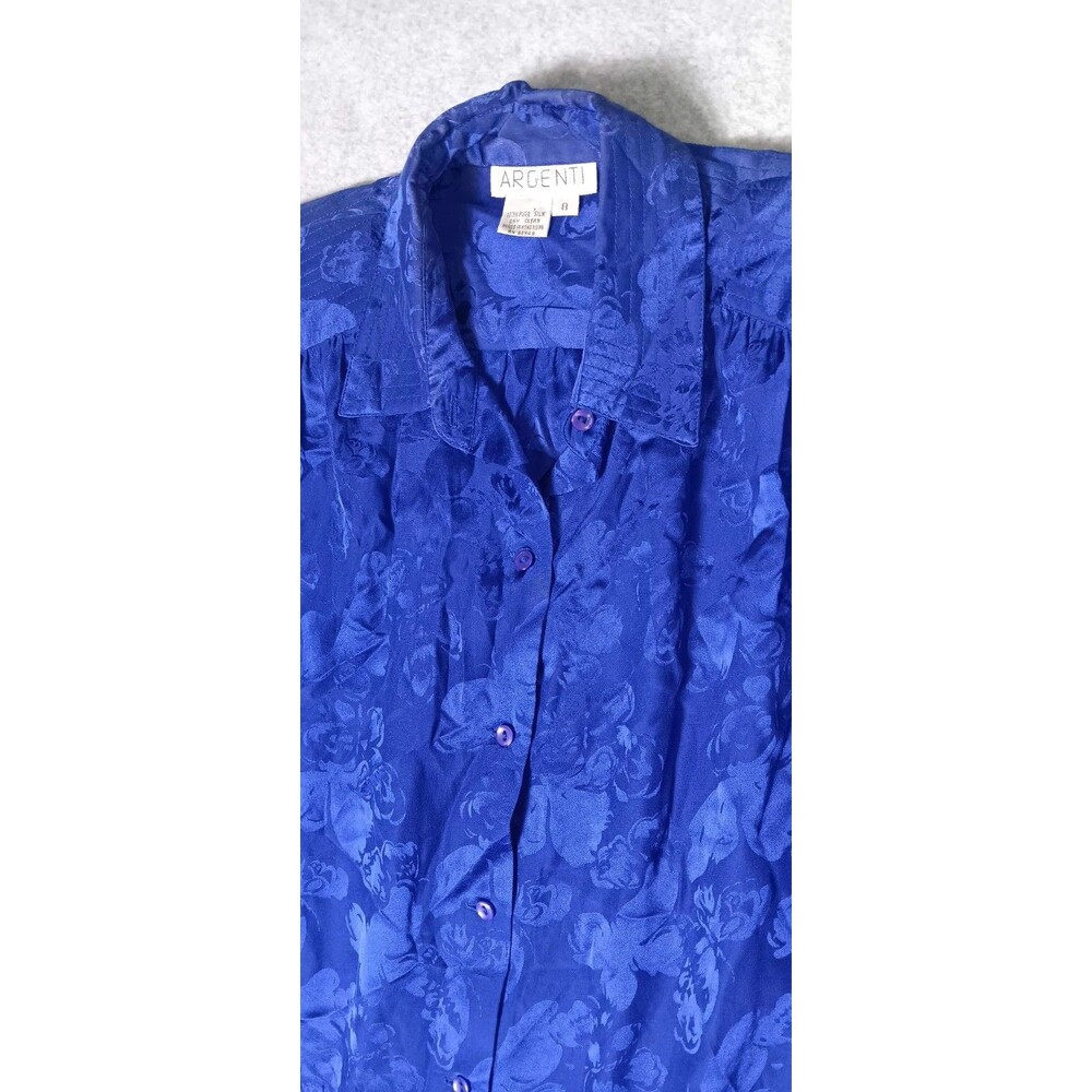VTG Argenti 100% Silk Dress Blue Jacquard Pleated Long Sleeve Midi Dress 8 Retro - Picture 3 of 12